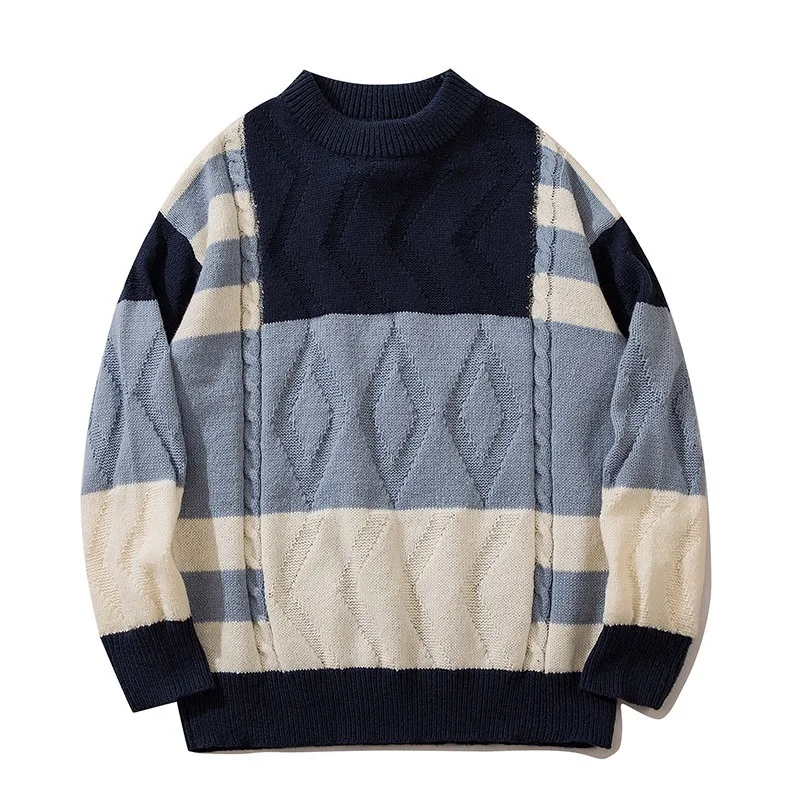 

Men's Harajuku Hip Retro Contrast Color Pullover Sweater Street Knit Rock Color Matching Winter Clothes