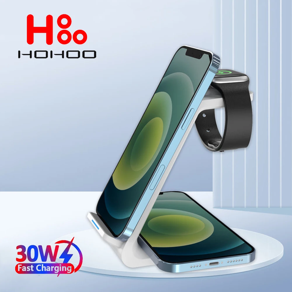 Беспроводные зарядные сиденья 30W для iPhone 15 14 13 12 11 Pro Max Apple Watch 9 8 7 6 AirPods Samsung Galaxy S24 S23
