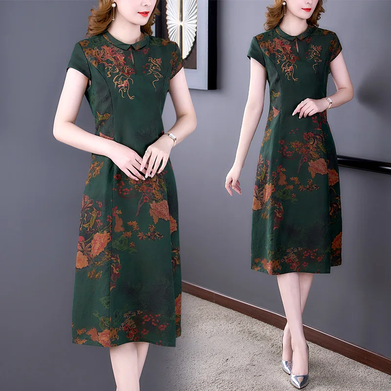 

Women New Elegant Bodycon Short Sleeve Midi Dress Summer Floral Mulberry Silk Cheongsam Dress 2022 Korean Vintage Casaul Dresses