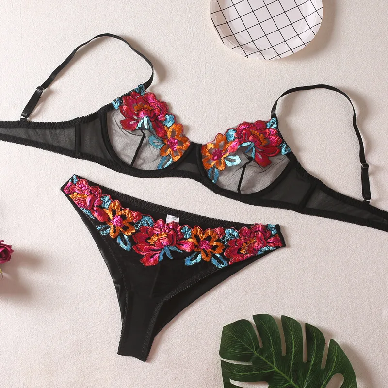 

Женское нижнее белье, сексуальное нижнее белье с цветочной вышивкой, прозрачные кружевные комплекты для ухода за кожей, изящные женские кос...