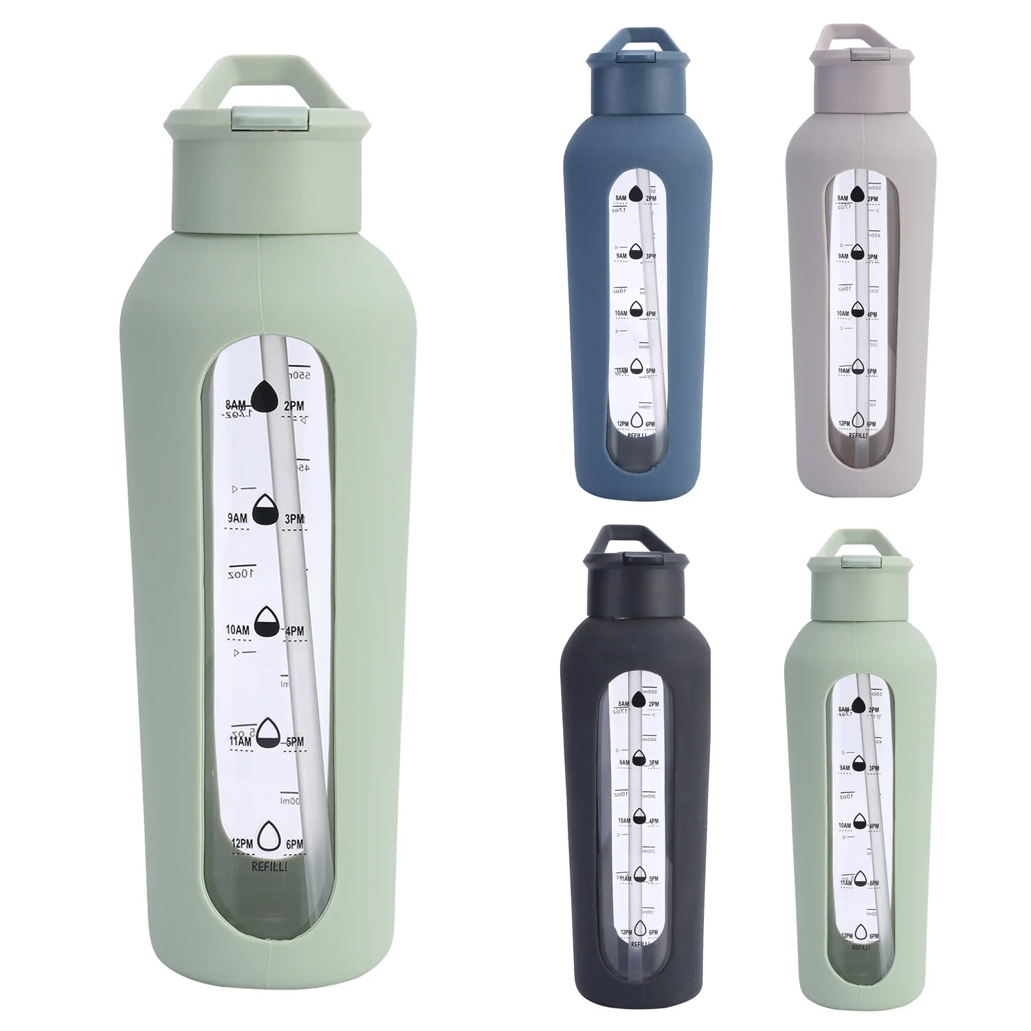 700ML Borosilicate Glass Water Bottle with Time Marker Reminder Quotes WIth Silicone Sleeve Pop Up Straw EasyTo Carry Sport Gym