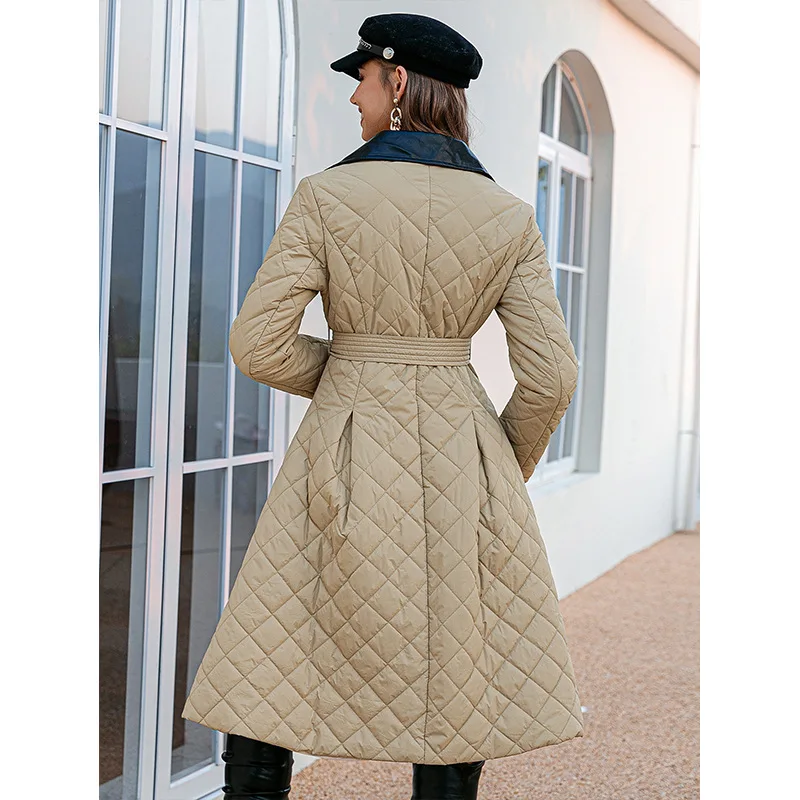 Autumn and Winter Lapel Double-breasted Lace-up Stitching Long Cotton Padded Jacket Brown Ladies Retro Windproof Cotton Jacket