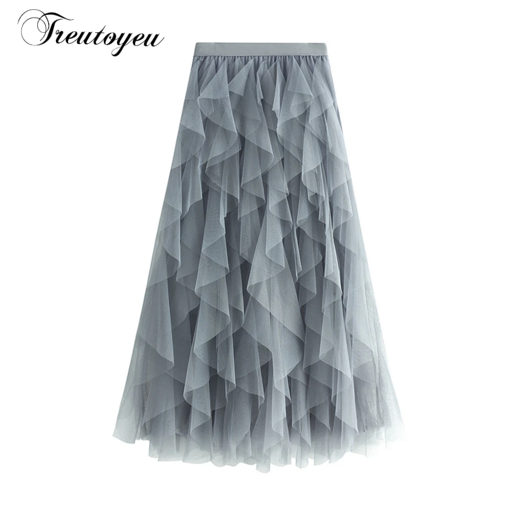 

Fashionable Versatile Tulle Stitching Skirt Korean Style High Waist Irregular Midi Length Spring Summer Long Skirts for Women