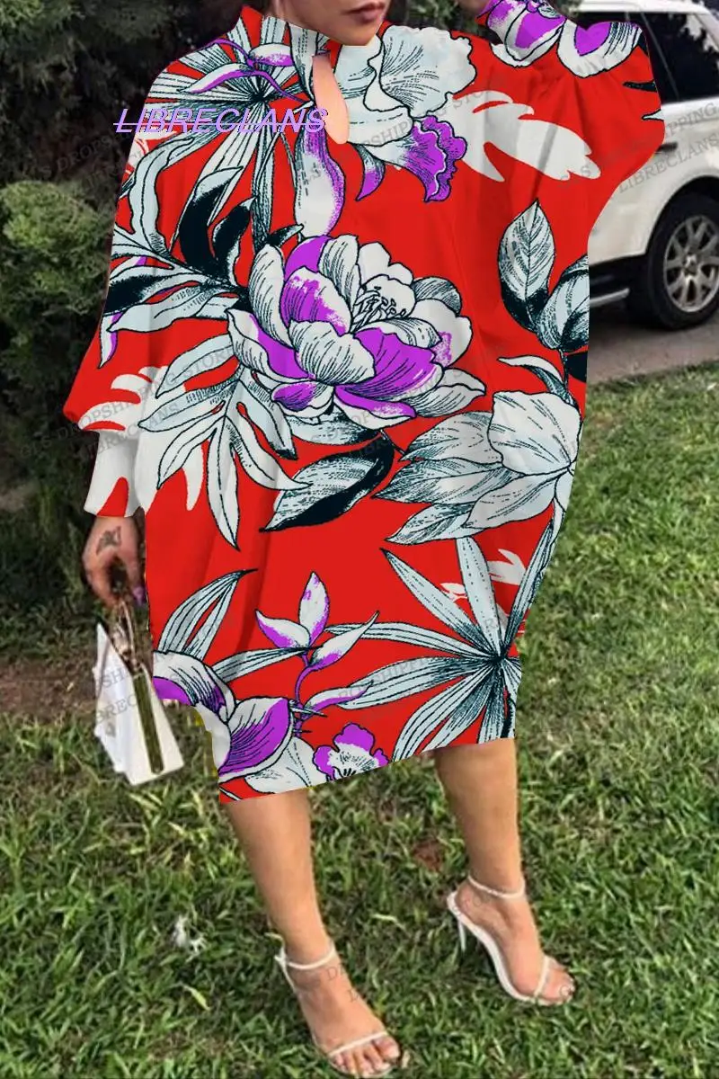 

Summer Tropic Flower Long Dress Print 3D Women Fashion Long Sleeve Party Evening Dresses Beach African Mid-calf Elegant Sundress