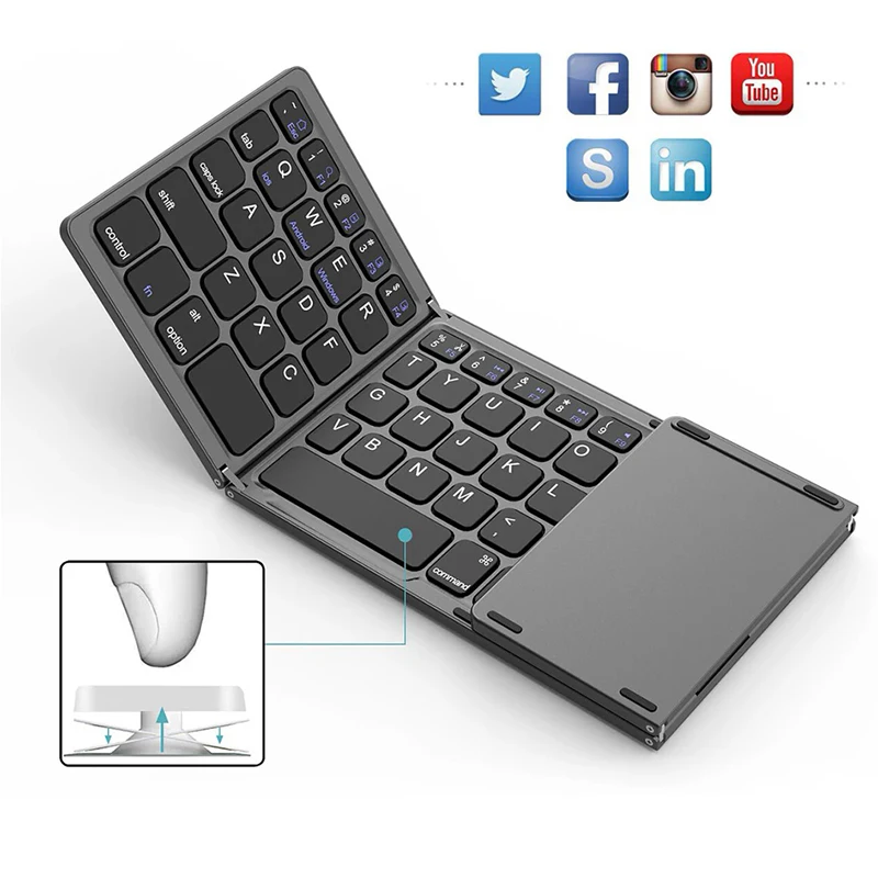 

Portable Mini Three Folding Bluetooth Keyboard Wireless Foldable Touchpad Keypad for Ipad IOS Android Windows Tablet 64 Keycaps