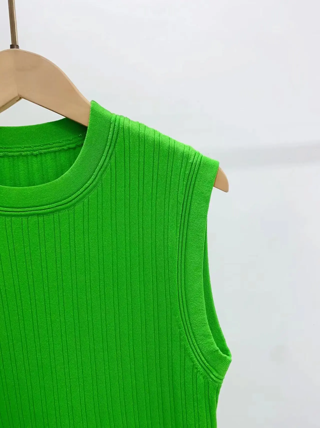 Women's Rib Stitching Knitted Mini Dress O-Neck Sleeveless Single Breasted 2023 Summer New Lady Green A-Line Slim Short Robe
