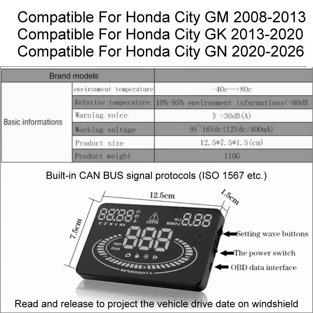 Фото Автомобильный HUD-дисплей (проекционный дисплей) для Honda City GM 2008-2013, GK 2013-2020, GN 2020-2026. Автоэлектроника, аксессуары. №4