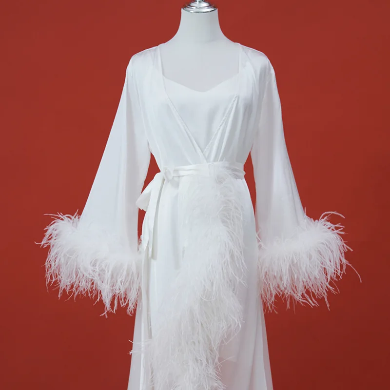 Morning gown bride fetish wedding luxury white ostrich feathers trailing long dress two-piece night dress пижама женская