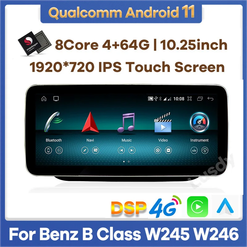 

10.25" Qualcomm 4G+64G Android 11 Car Video Player GPS for Mercedes Benz B Class B180 W245 W246 CarPlay Stereo Screen Headunit