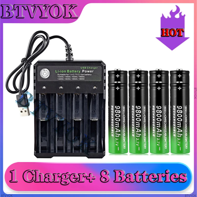 

BTVYOK 3.7V Li-Ion 9800mAh Large Capacity Rechargeable 18650 Battery for LED Torch + 4 Slot Smart Charging USB Charger