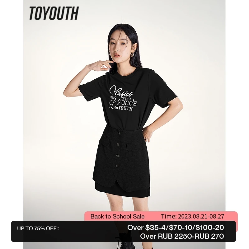 Toyouth Women Two Piece Set 2023 Summer Short Sleeves Round Neck Letter Print Tshirt Dress Button Pocket Design Jacquard Skirt
