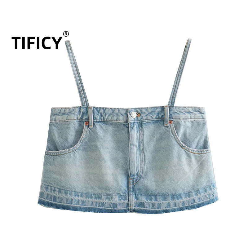 

TIFICY Summer Tanks Tops New Women's Simple Short Fashion Versatile Effect Denim Strap Wrap Chest Crop Top