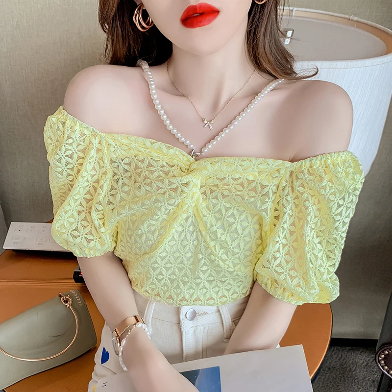 

bluzka 2022 summer new pearl beading sling off-shoulder fashion two-way neck chiffon tops women yellow tops