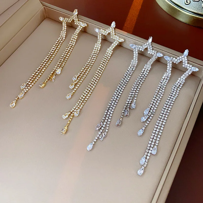 

KAITIN Zircon Inlaid Rhinestone Tassel Earrings for Women Luxury Style Silver Needle Drop Earrings 2023 New Fashion Jewelry