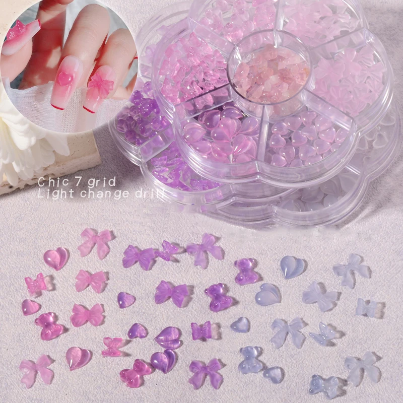 

1 Box Mix Cute Bear Butterfly Heart Peach Bowknots Light Sense Color Changing Resin Nail Art Decorations DIY Manicure Ornaments