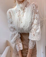 new womens button lace hollow out flower mosaic long sleeve stand up collar shirt