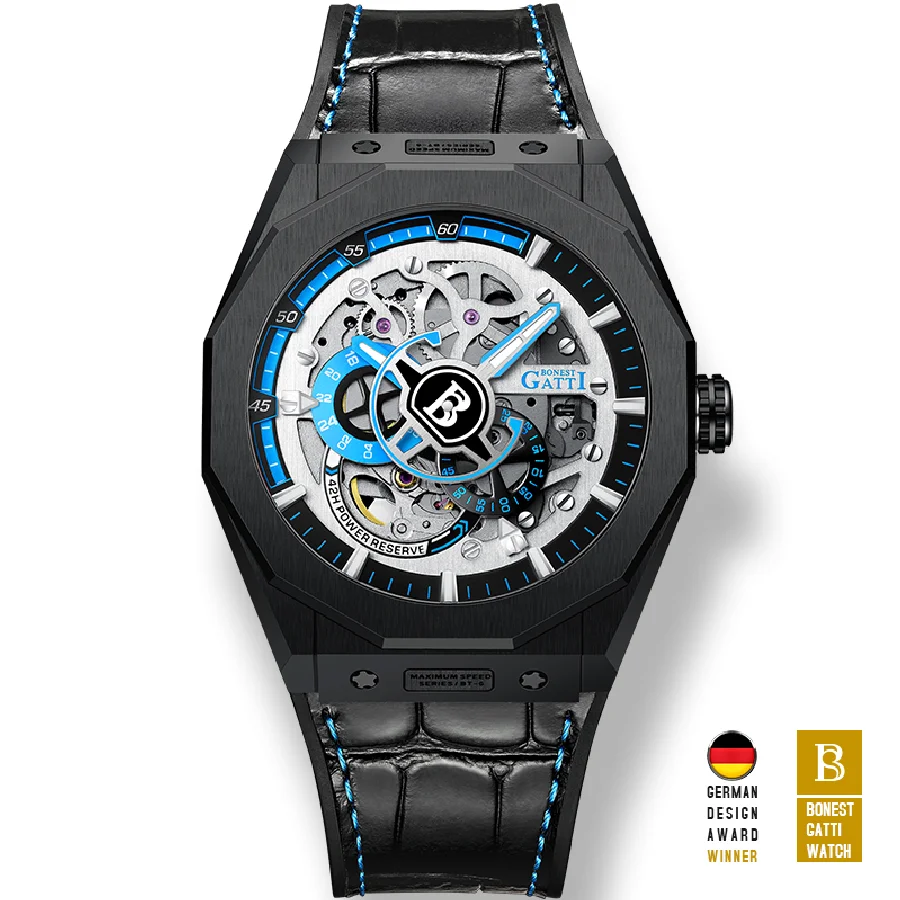 

BONEST GATTI Men Automatic Watch Luxury Mechanical Wristwatch Hollow Out Dial 50M Waterproof Luminous Sapphire Leather Strap