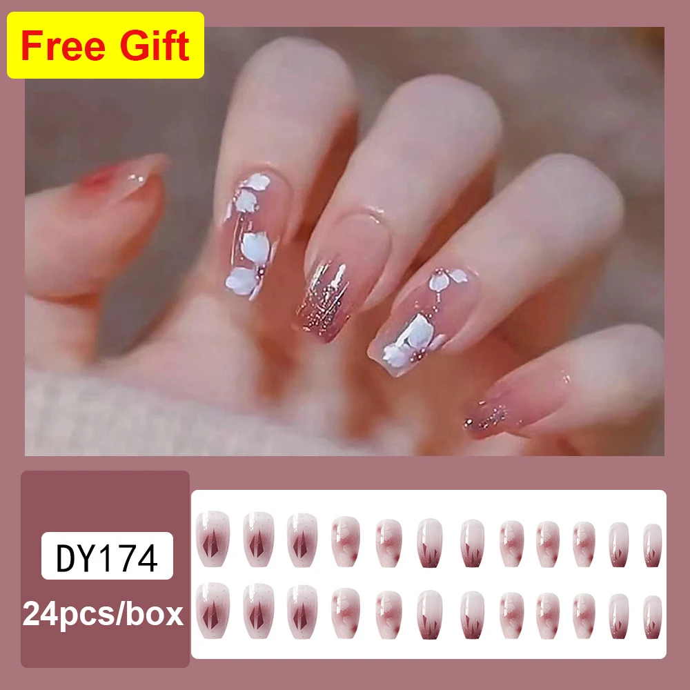 

24pcs fake nails set press on capsule ongle capsule tips Peach Camellia flowers Sequins designs false acrylic nails supplies kit