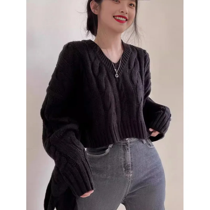 Пуловер с v-образным вырезом в стиле ретро свитер длинными рукавами женский