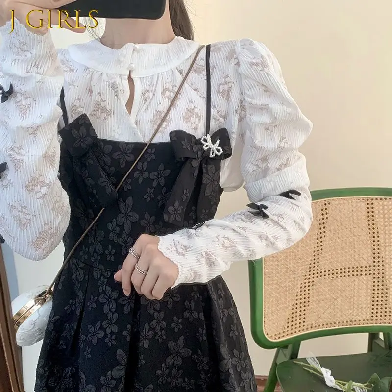 

J GIRLS Зимний кавайный комплект из двух предметов для женщин корейская мода вечерние мини-платья кружевная блузка + платье на бретелях с цвето...