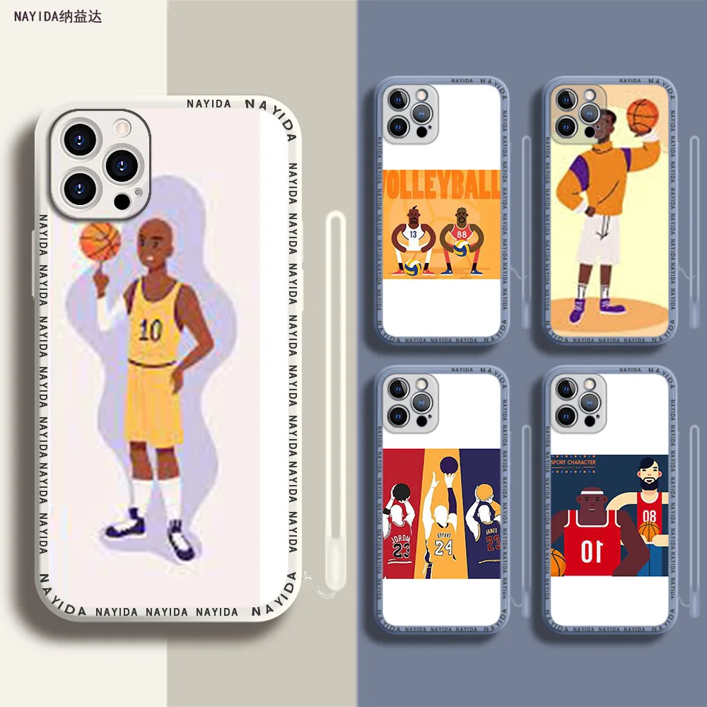 

Soft Silicone Phone Case For iPhone 14 13 11 12 Mini Pro Max XS XR X Blue Lanyard Cover Funny Cartoon Basketball