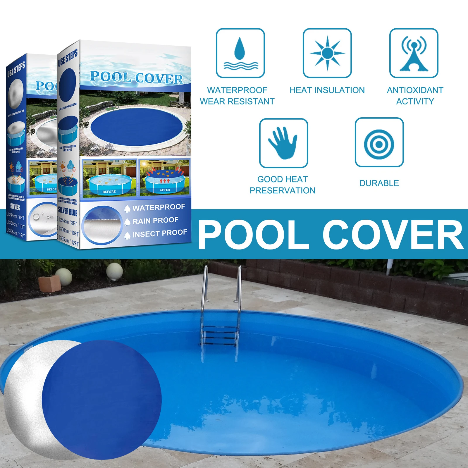 

8/10/12ft Round Pool Cover for Above Ground Home Pool Outdoor Splash Protector Cover Prevents Water Evaporation Pool Accessories
