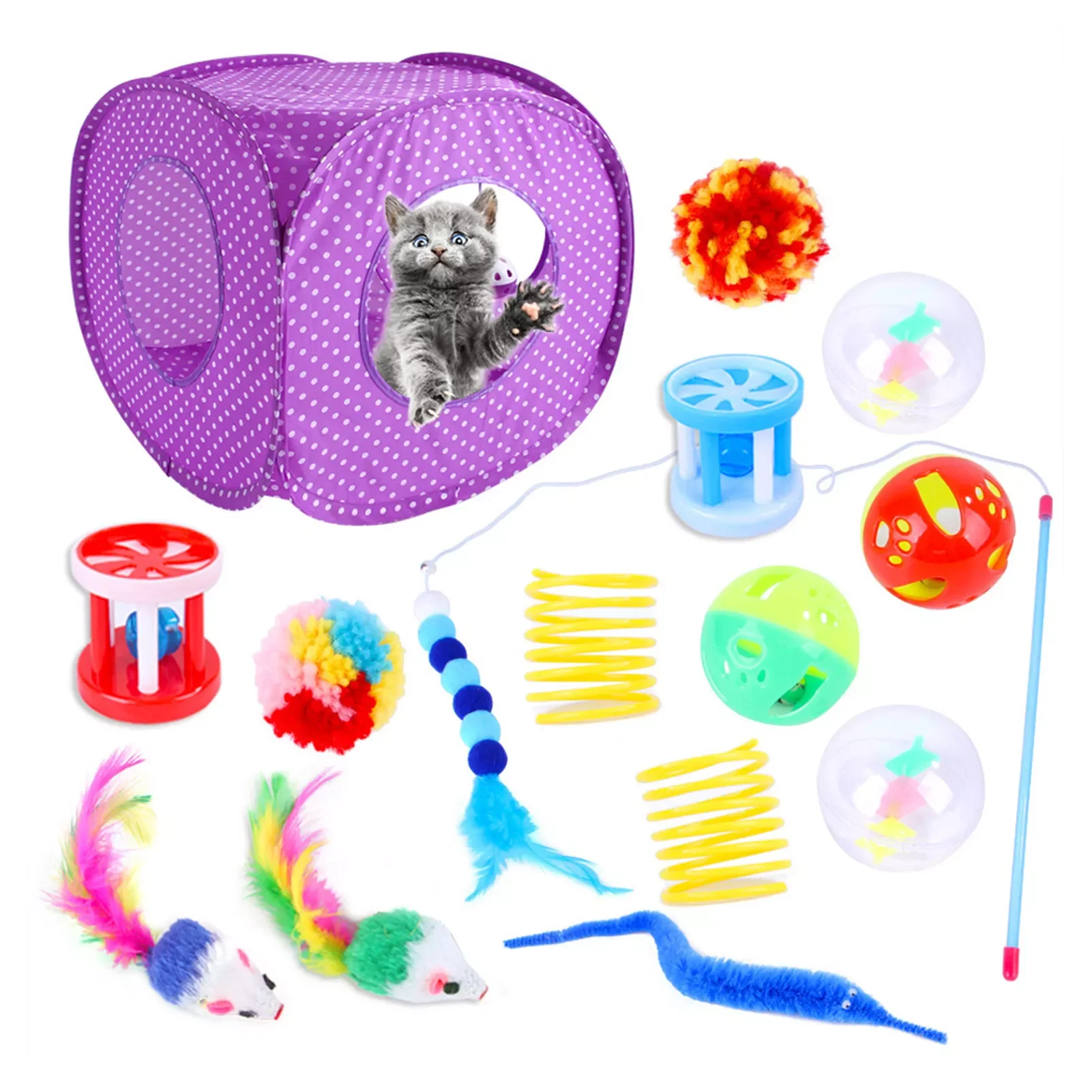 

Pet Toy Set 15PC Tease Stick Feather Mouse Fishing Rod Combination Toy Tent Combinations of Pet Toys