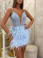 elegant womens banquet evening dresses sexy sleeveless short feather blue dress 2022 summer new fashion