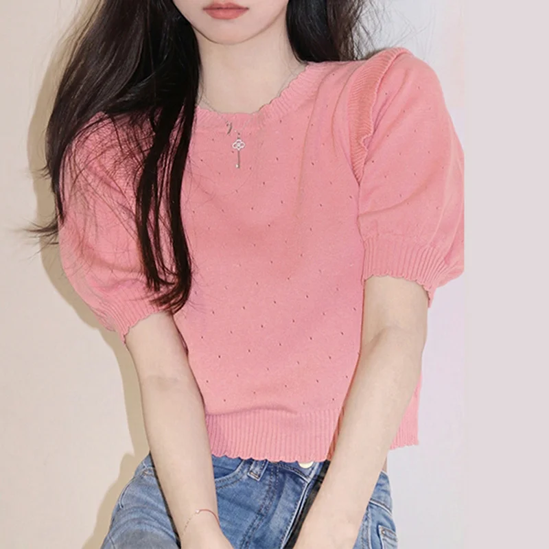 

Женская футболка с коротким рукавом, Розовая Трикотажная футболка с уникальным дизайном во французском стиле, Новинка лета 2023