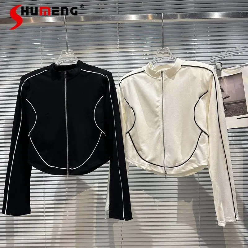 

2023 Spring New Female Fashion Casual Padded Shoulder Stand Collar Tops Women's Elegant Simple Long Sleeve Zipper T-shirt