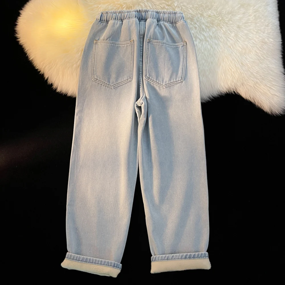Jeans Winter Warm Men Baggy Fleece Drawstring Pants Streetwear Korean Straight Loose Denim Stretch Waist Trousers Clothes Male