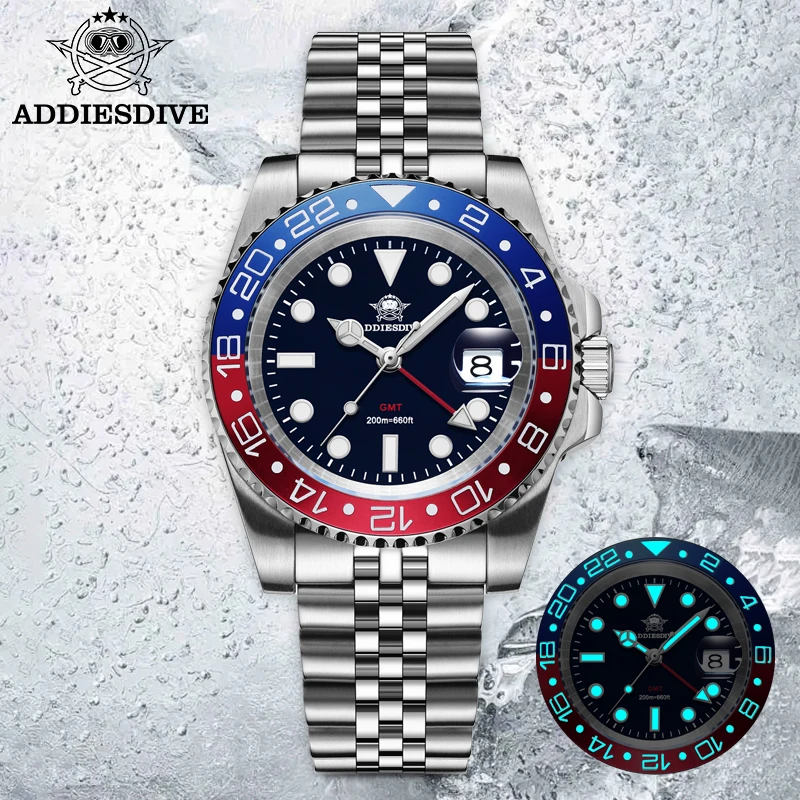 Фото ADDIESDIVE модные часы GMT для мужчин супер светящиеся наручные часы AD2050 роскошные светящиеся мужские часы из нержавеющей стали 20 бар для дайвинга №4