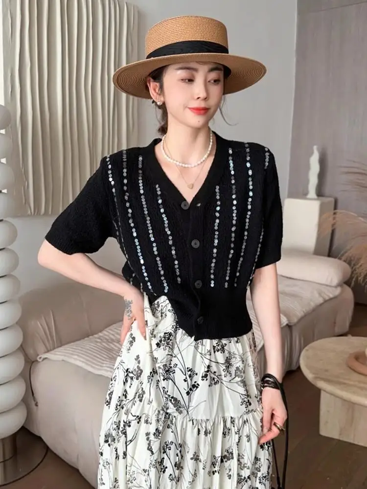 Мода Western Sle Heavy Industry с блестками в стиле пэчворк v-образным вырезом и короткими