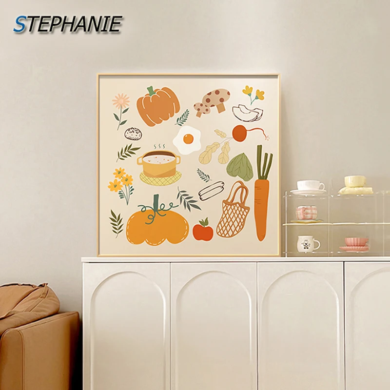 

Cute Cartoon Vegetable Fruit Canvas Poster and Print Beige Wall Picture Nordic Home Decoration Children's Bedroom Wall Art Decor