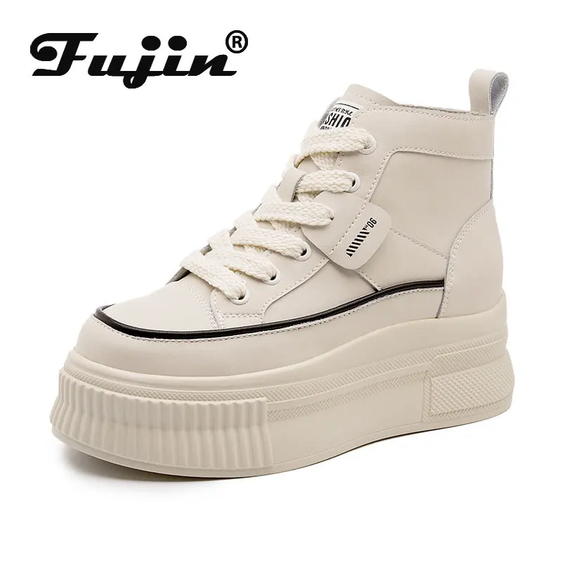 

Fujin 6cm Genuine Leather Mixed Color Women Fashion Lace Up Mid Calf Ankle Boots Platform Wedge Autumn Spring Lady Booties Shoes