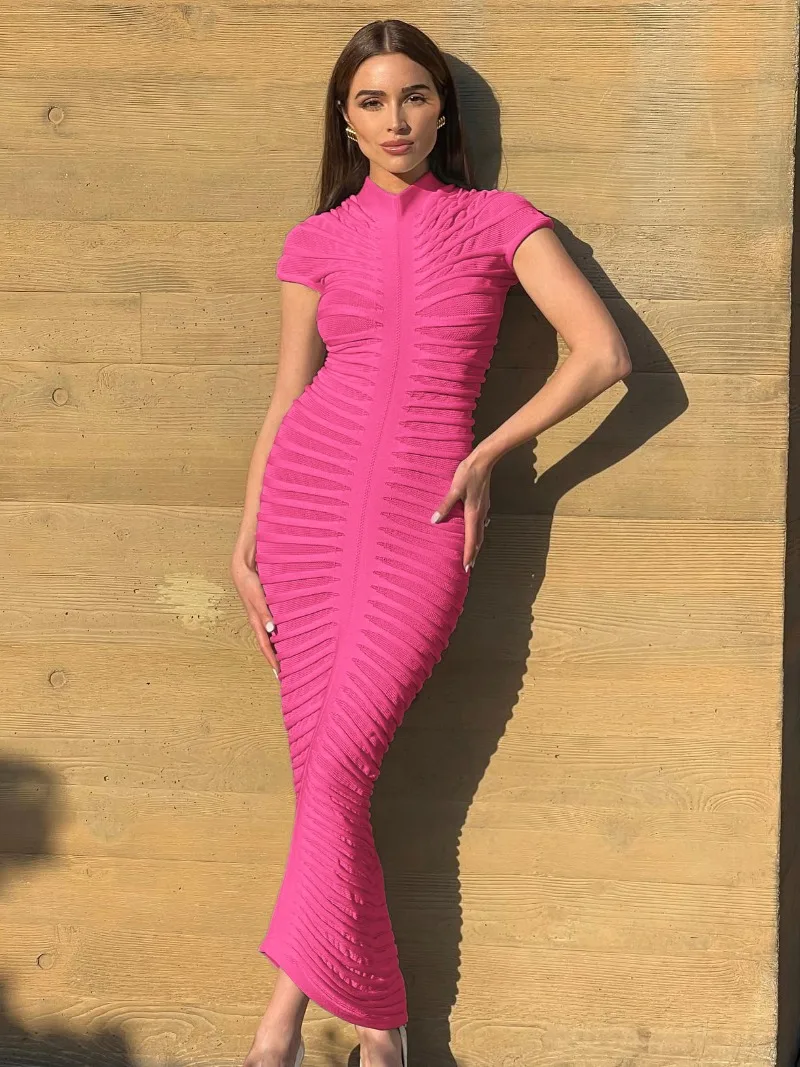

2023 Fall Women's Short Sleeve Hollow Out Knitted Long Sweater Streetwear Elegant Ladies Bodycon Slit Party Night Club Vestidos