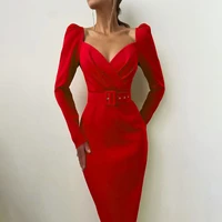 elegant party women dress sexy v neck long sleeve slim midi pencil dress 2022 autumn vintage lady solid puff sleeve red dresses