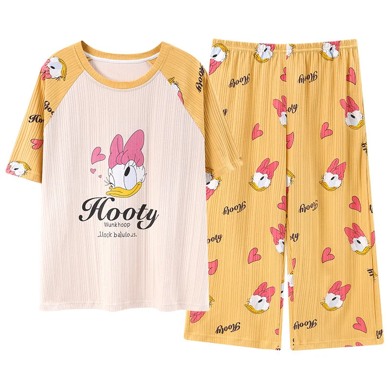 pajamas women's short sleeved capris summer new cotton round neck cute cartoon size home thin style can be worn out