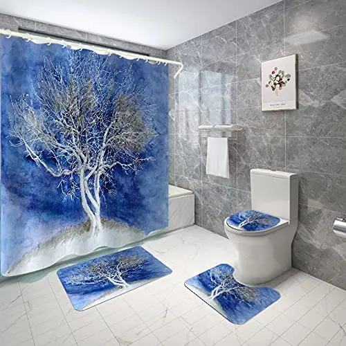 Занавеска для душа на тему ночного неба леса галактики высокого дерева синего