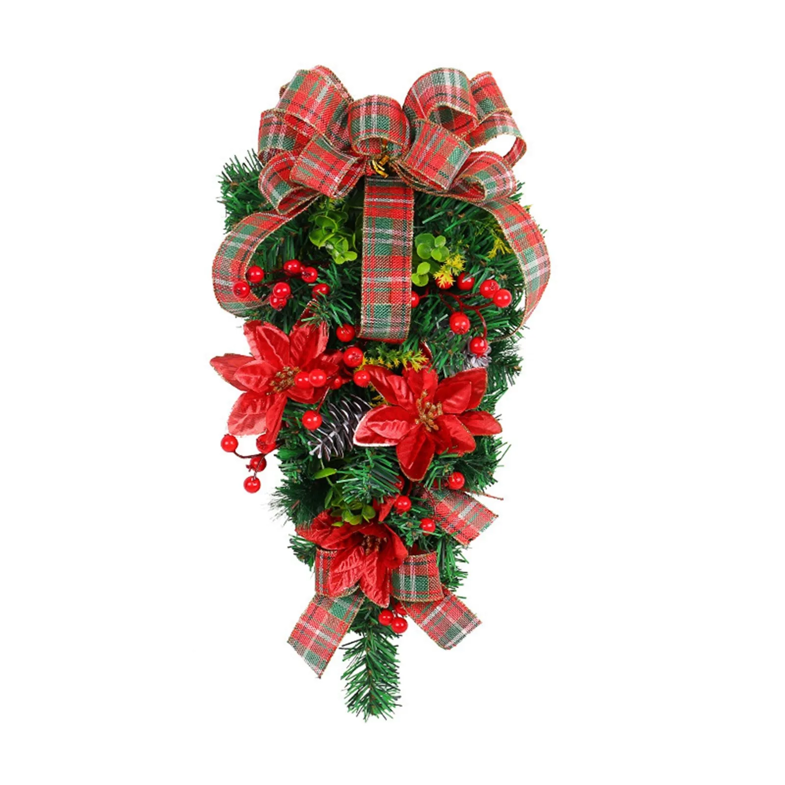 

Christmas Flower Upside Down Tree 2023 Classic Red And Green Checkered Wreath Door Hanging Christmas Front Door Decorations Set