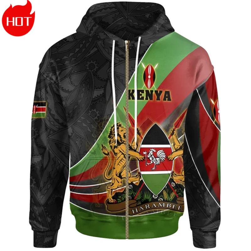 3D The Republic-of Kenya Ethnic Emblem Printing Zip Up Hoodies Flag Map Graphic Zipper Sweatshirts Fashion Mens Clothing