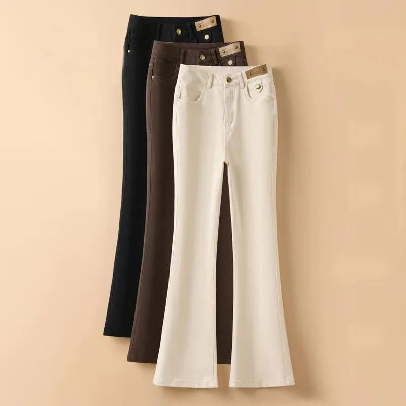 Модные однотонные облегающие брюки расклешенные женские джинсы весна-осень