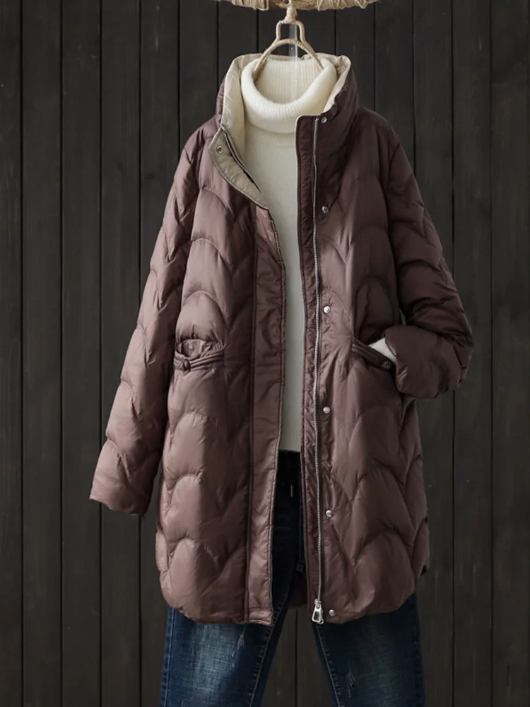 2022 Winter Women White Duck Down Jacket Casual Autumn Warm Outwear Argyle Stand Collar Fashion Puffer Coat Zipper