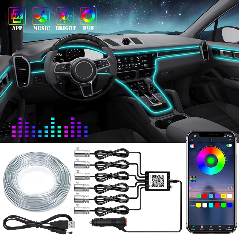 

Flexible EL Wire Lights With App Control Ambient Atmosphere Strip Light Decorative Lamps 12V Car Interior Neon RGB Led Strip