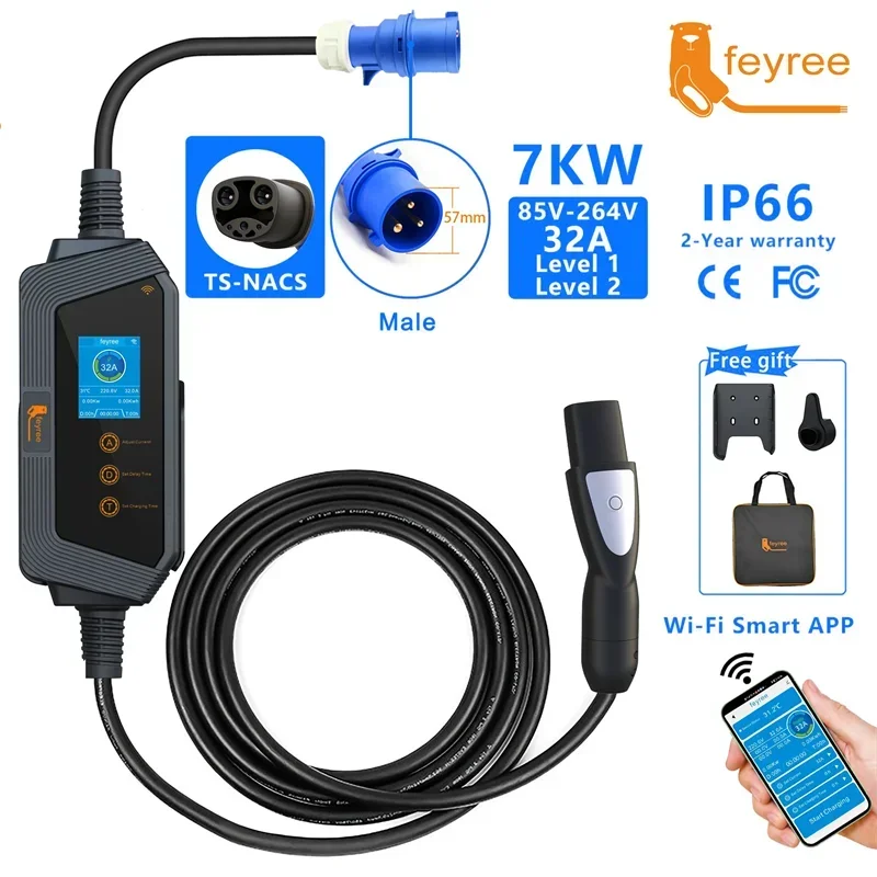 Портативное зарядное устройство для электромобилей feyree с разъемом Tesla NACS 32A до 50A