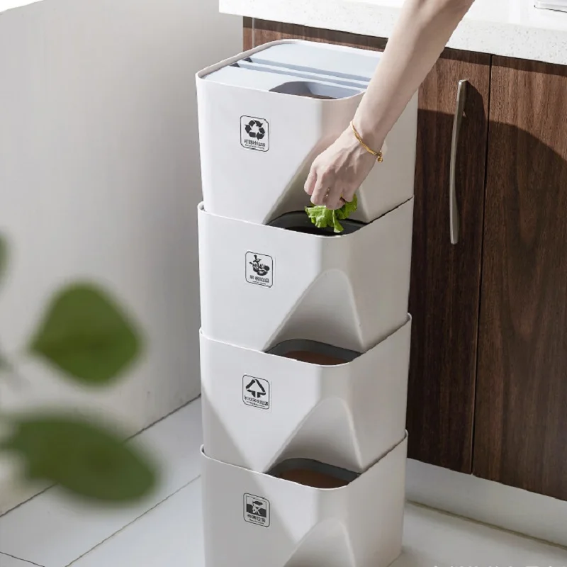 

Waste Sorting Trash Can Household with Cover Living Room Kitchen Sorting Paper Basket Wet and Dry Separation Stack Plastic Trash