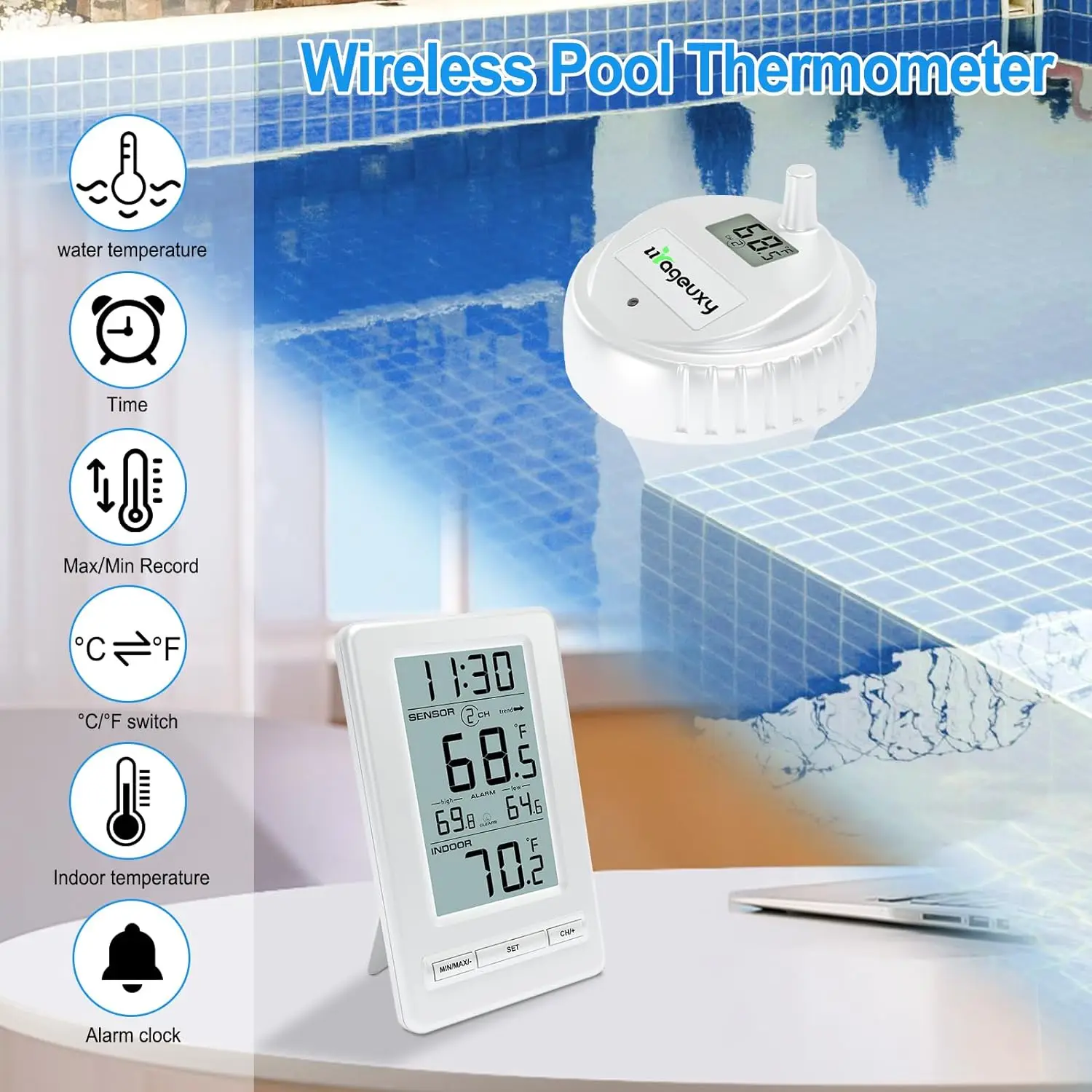 Фото MASTFUYI цифровой беспроводной термометр для воды 8 датчиков ЖК-дисплей IPX8 водонепроницаемый монитор для бассейна и спа для гидромассажной ванны, бассейна №2