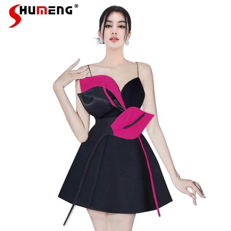 

Flower Design Bright Color Contrast Patchwork Dresses 2023 Summer Special-Interest Design Strap Slim Fit Black Vestidos De Mujer