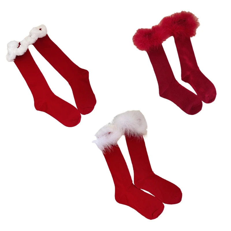 

Women Christmas New Year Holiday Red Knee High Socks with Faux Fur Feather Trim 37JB