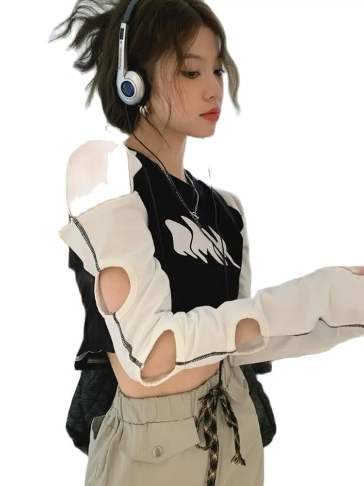 

JIERAN KOSAHIKI 2023 Crop Top T-shirt Women Y2k Off Shoulder Hollow Out Long Sleeve TShirts Summer Fairy Korean Sexy Harajuku